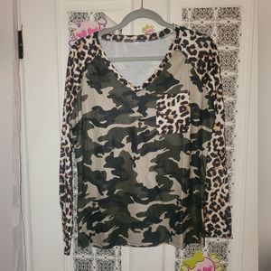 NWOT  Leopard Camo Spliced Print V-Neck Long Sleeve Tee